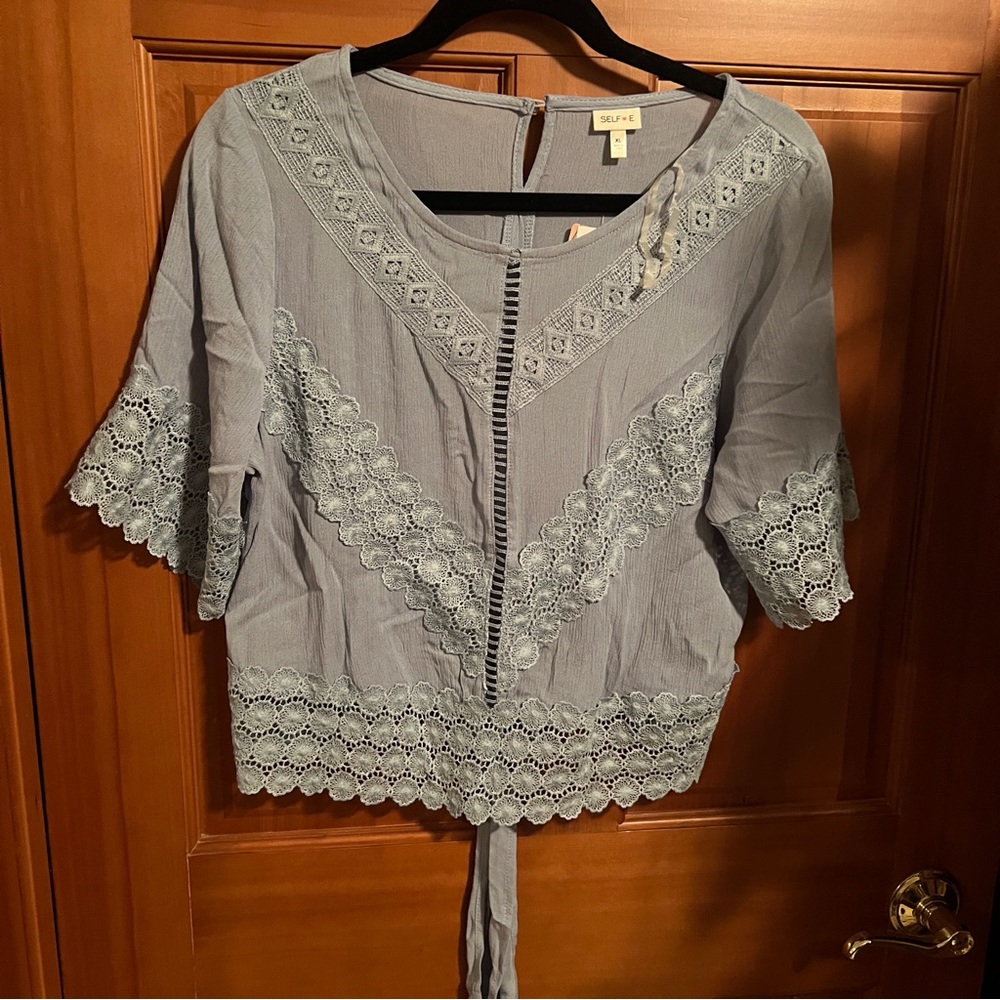 NWT Blue Lacy Crop Tee